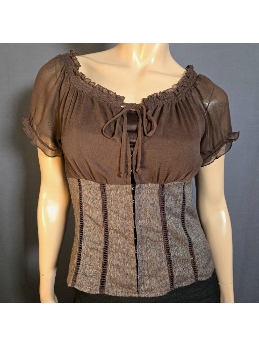 Vintage Y2K Corset Milkmaid Top Size M Brown Herringbone Tweed And Chiffon
